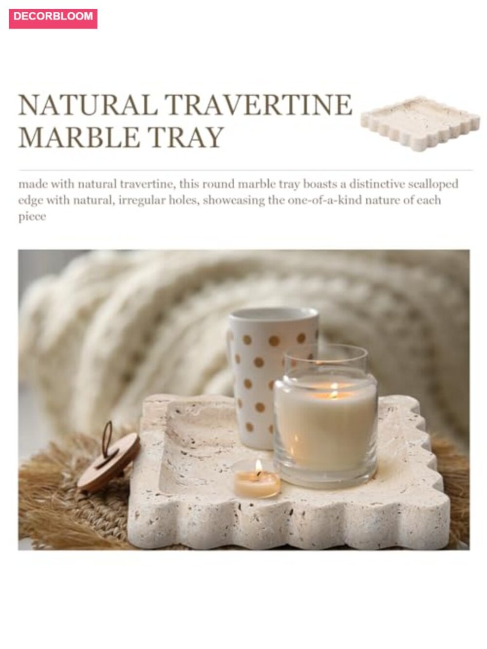 Natural Travertine Jewelry Dish Tray Scalloped Marble Ring Holder Perfume - Picture 4 of 6